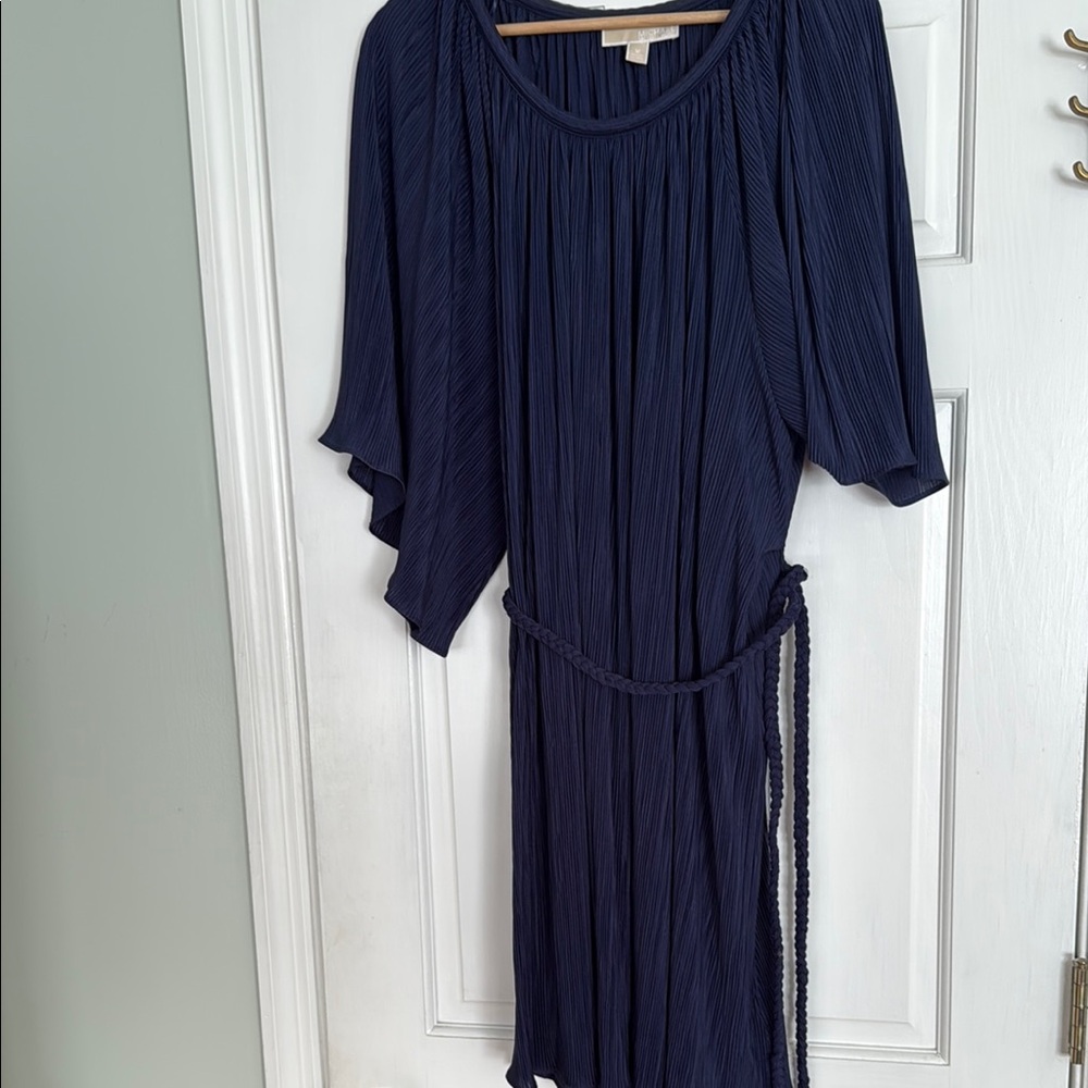 Michael Kors Navy pleated rope belt draped batwing sleeves dress Medium